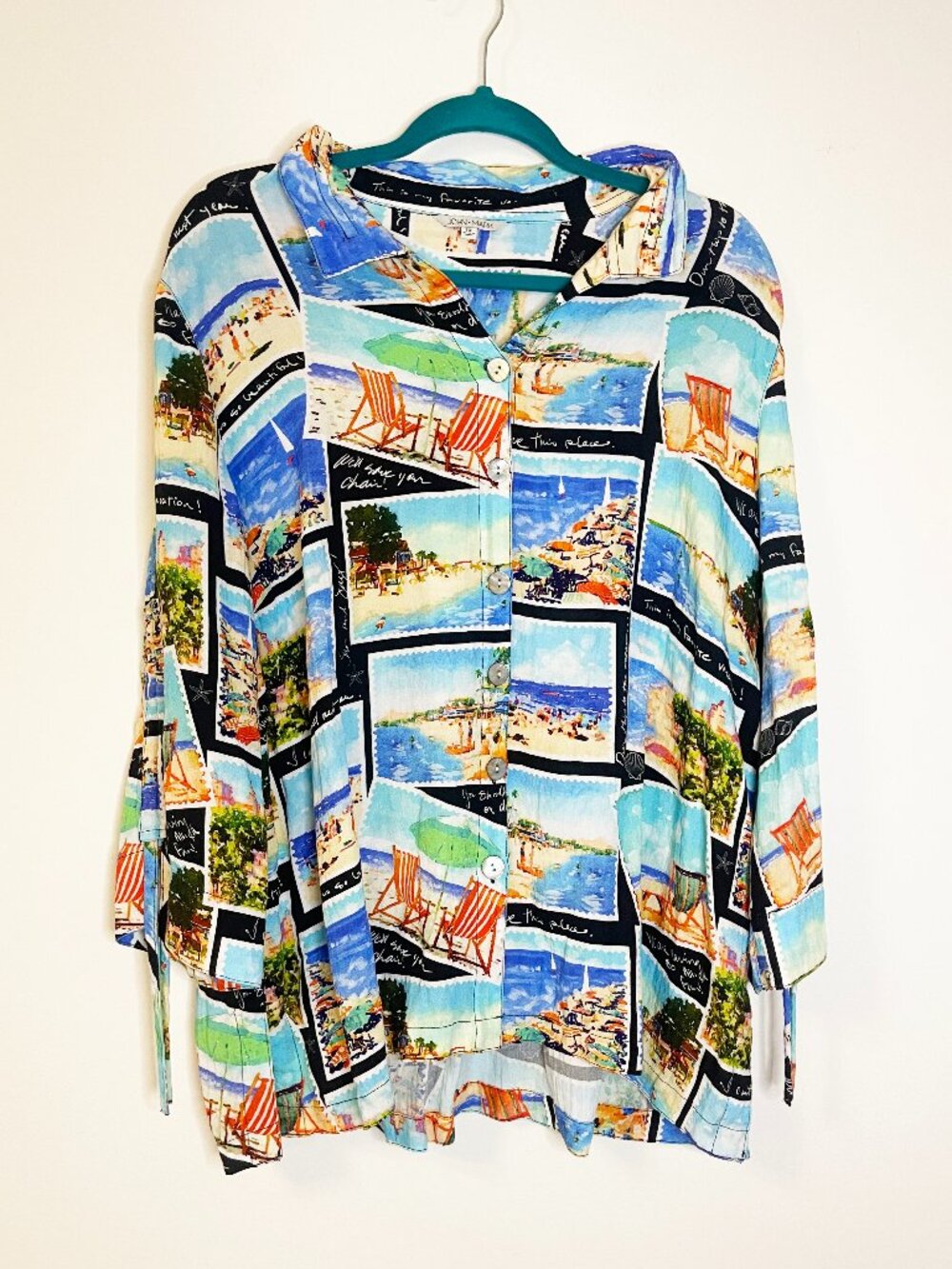 John Mark Beach Postcard Print Button Front Blouse 1X Coastal Vacation Shirt